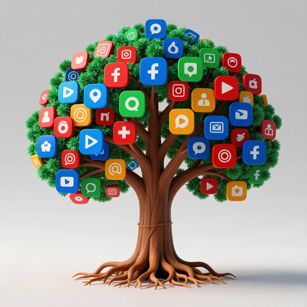 A colorful tree made of social media icons representing organic growth in a bright studio setting.