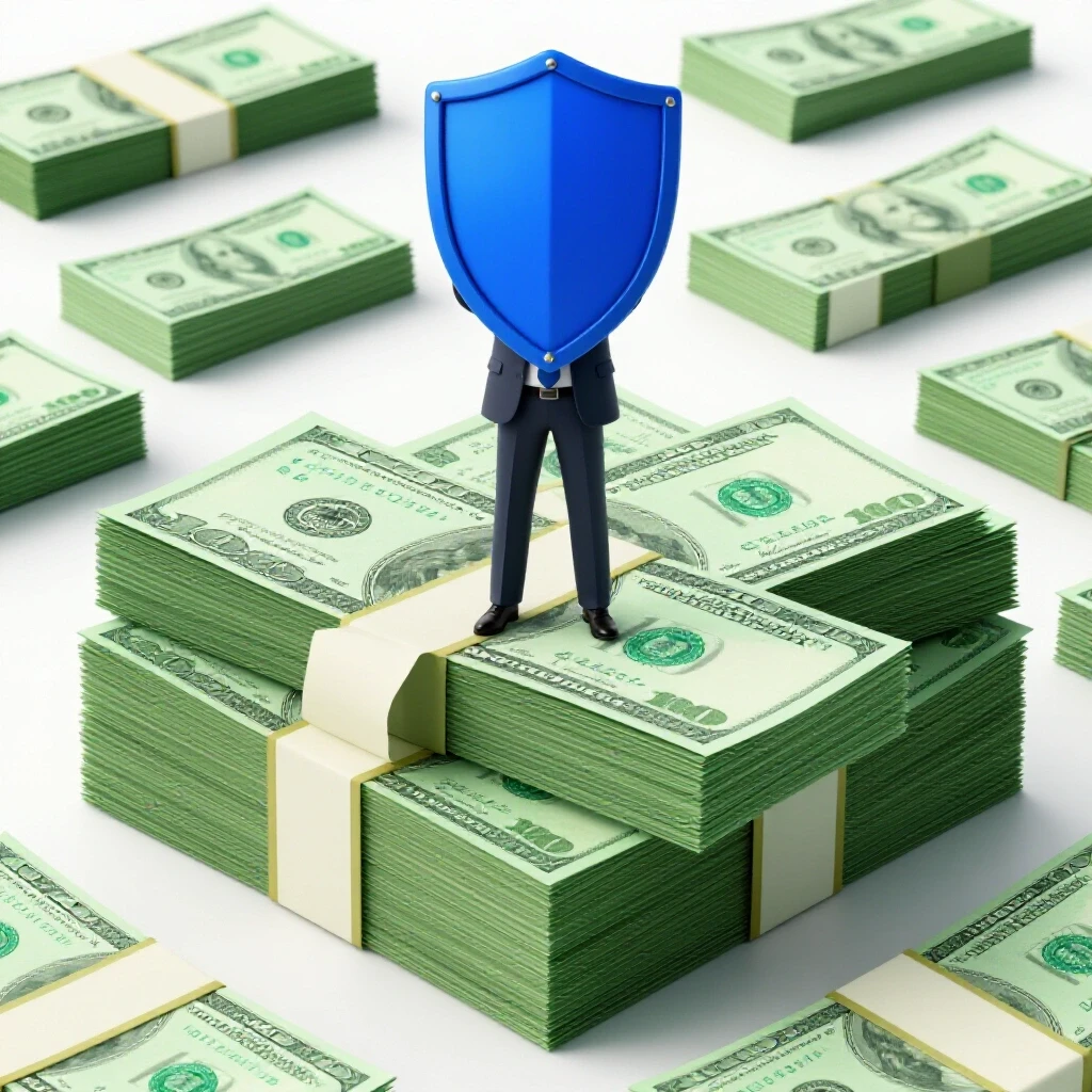 Confident individual in a suit stands on a stack of dollar bills with a digital shield above, symbolizing ad security.