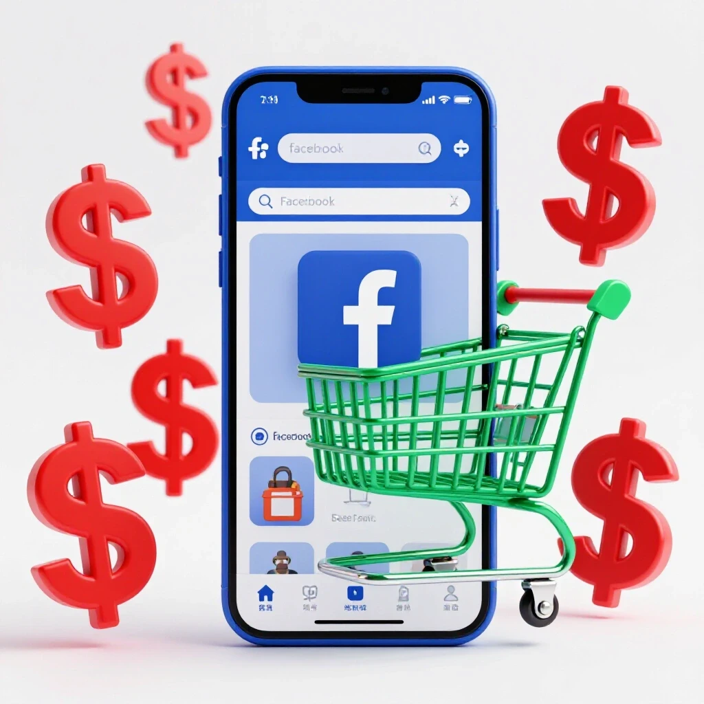 A smartphone displaying a vibrant Facebook shopping interface, surrounded by glossy shopping elements like a cart and dollar signs, set against a bright background.