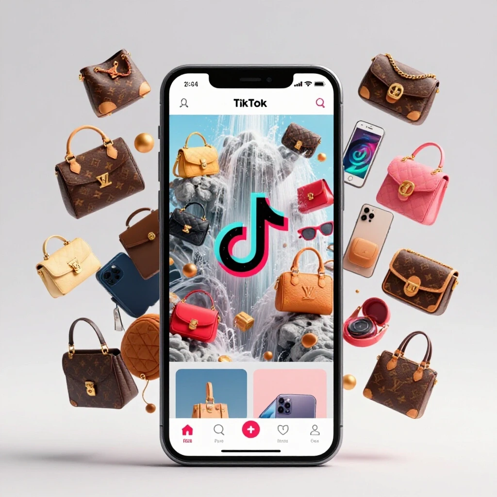 A smartphone showcasing TikTok's interface with luxury items like designer bags and gadgets bursting from the screen.