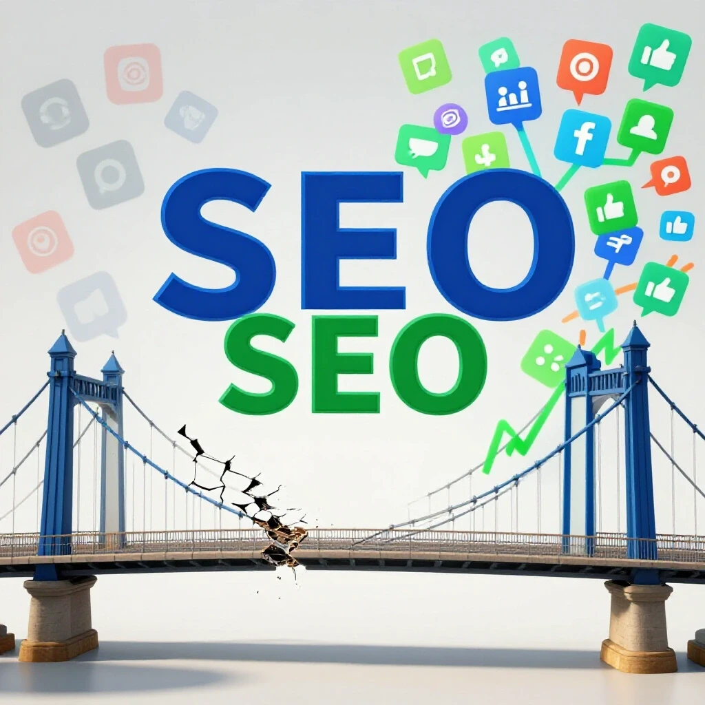 A split-image visual contrasting a broken bridge with faded social media icons against a vibrant bridge filled with bright social media icons, illustrating SEO and social media connection.
