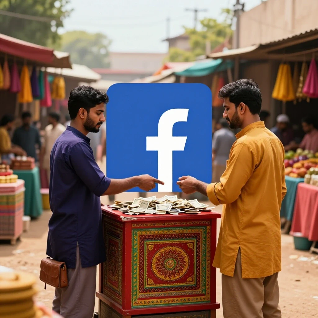 A vibrant Bangladeshi market scene depicting a colorful currency exchange with the Facebook logo, showcasing digital payments culture.