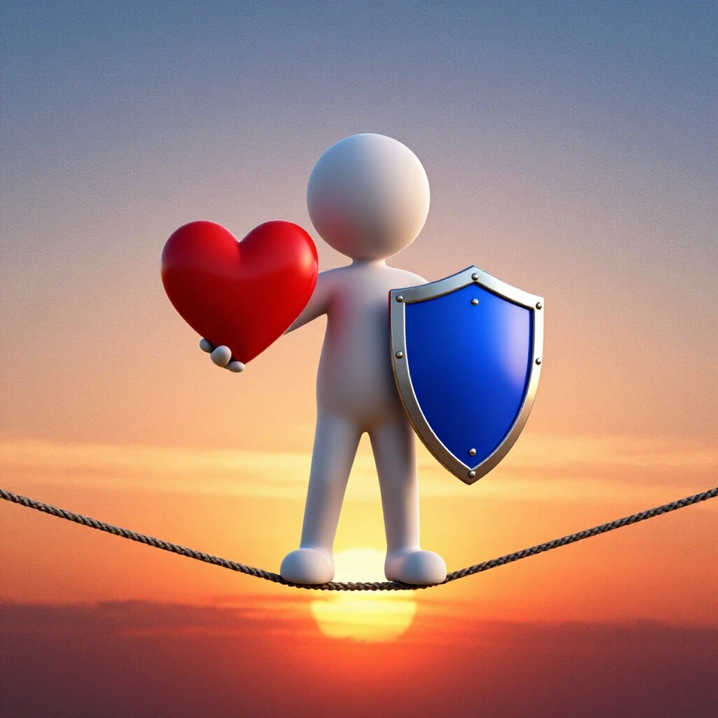 A figure balancing a heart and a shield on a tightrope, set against a vibrant sunset background, symbolizing vulnerability and protection.