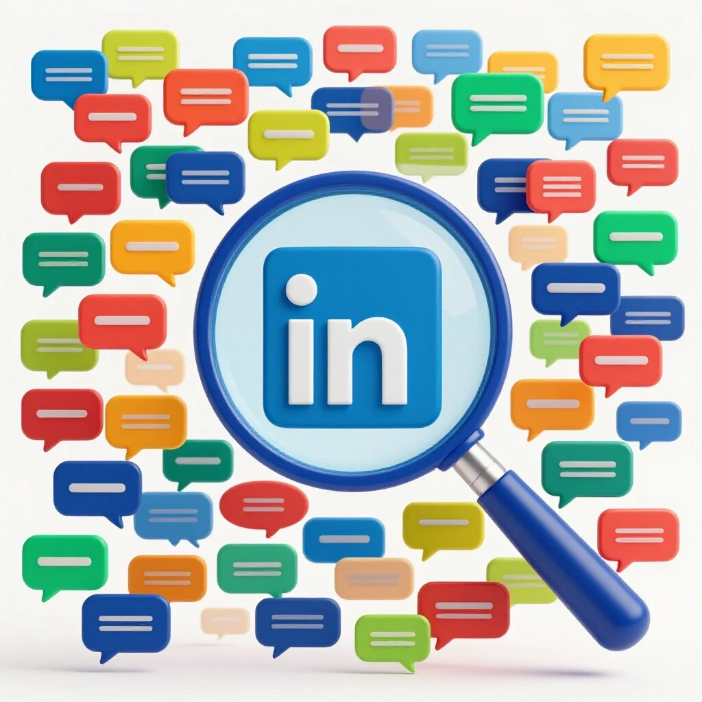 A magnifying glass highlighting a LinkedIn logo surrounded by colorful speech bubbles symbolizing engagement.