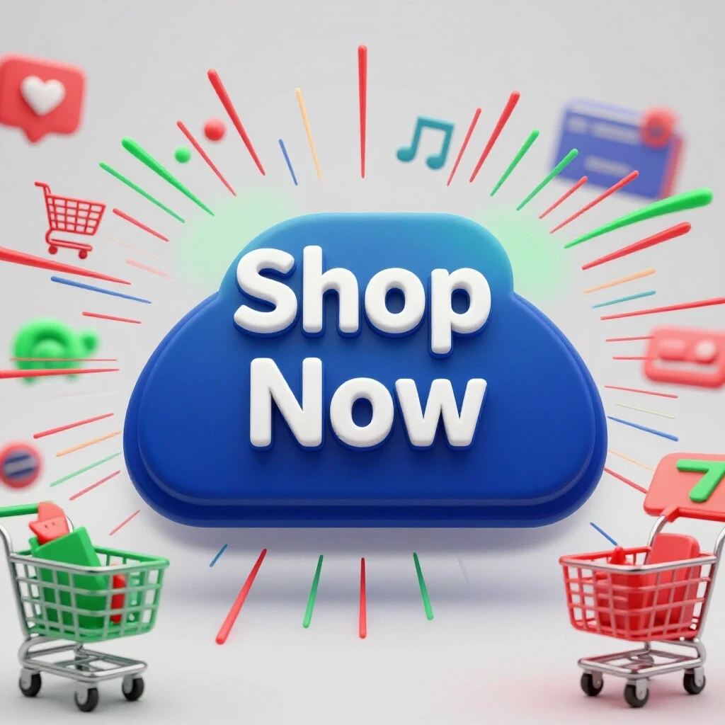 A vibrant 3D 'Shop Now' button in a colorful social media setting, surrounded by shopping elements.