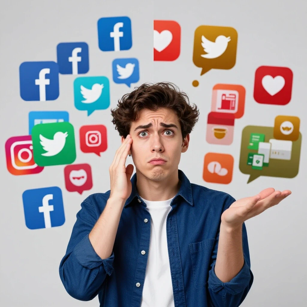 A split image showing a confused person surrounded by social media icons on one side and a confident person interacting with targeted ads on the other, illustrating targeted advertising's impact.