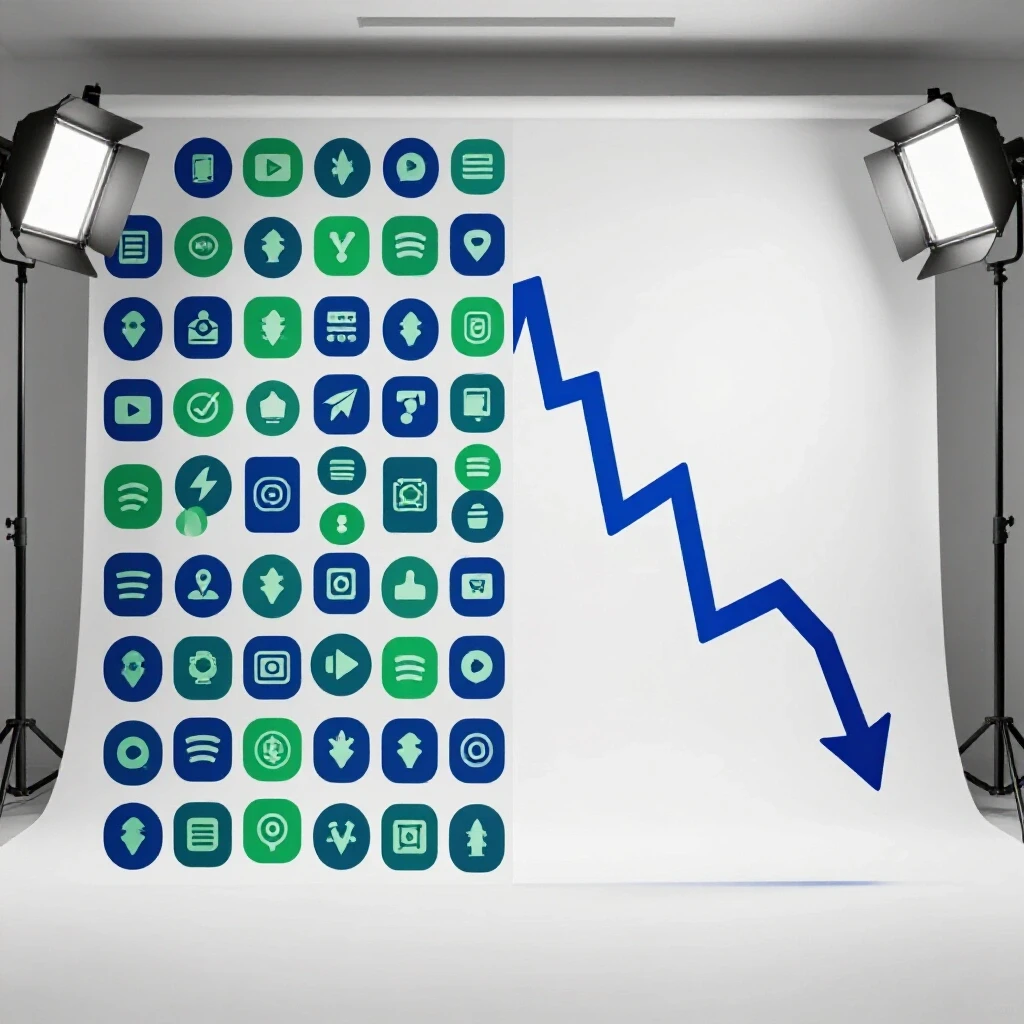 Split-image contrasting vibrant social media icons with a declining growth graph against a bright white background.