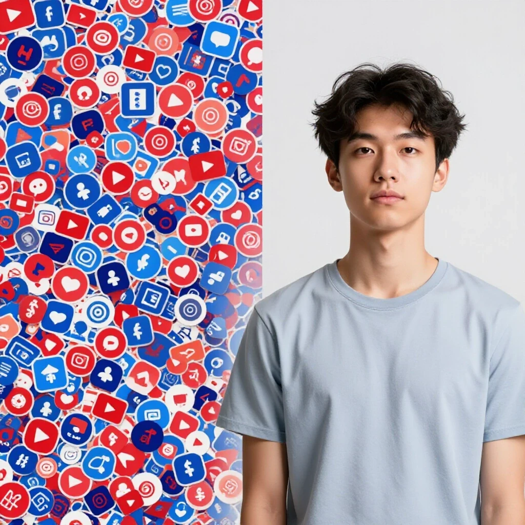 A split-image showing chaotic social media icons on one side and a contemplative figure on the other, illustrating trends vs authenticity.