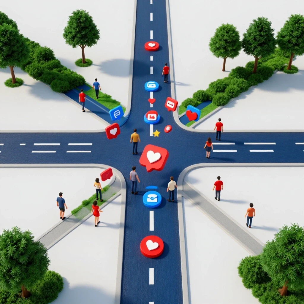 a crossroads scene representing social media agency life vs career transition, with vibrant visuals and serene open space