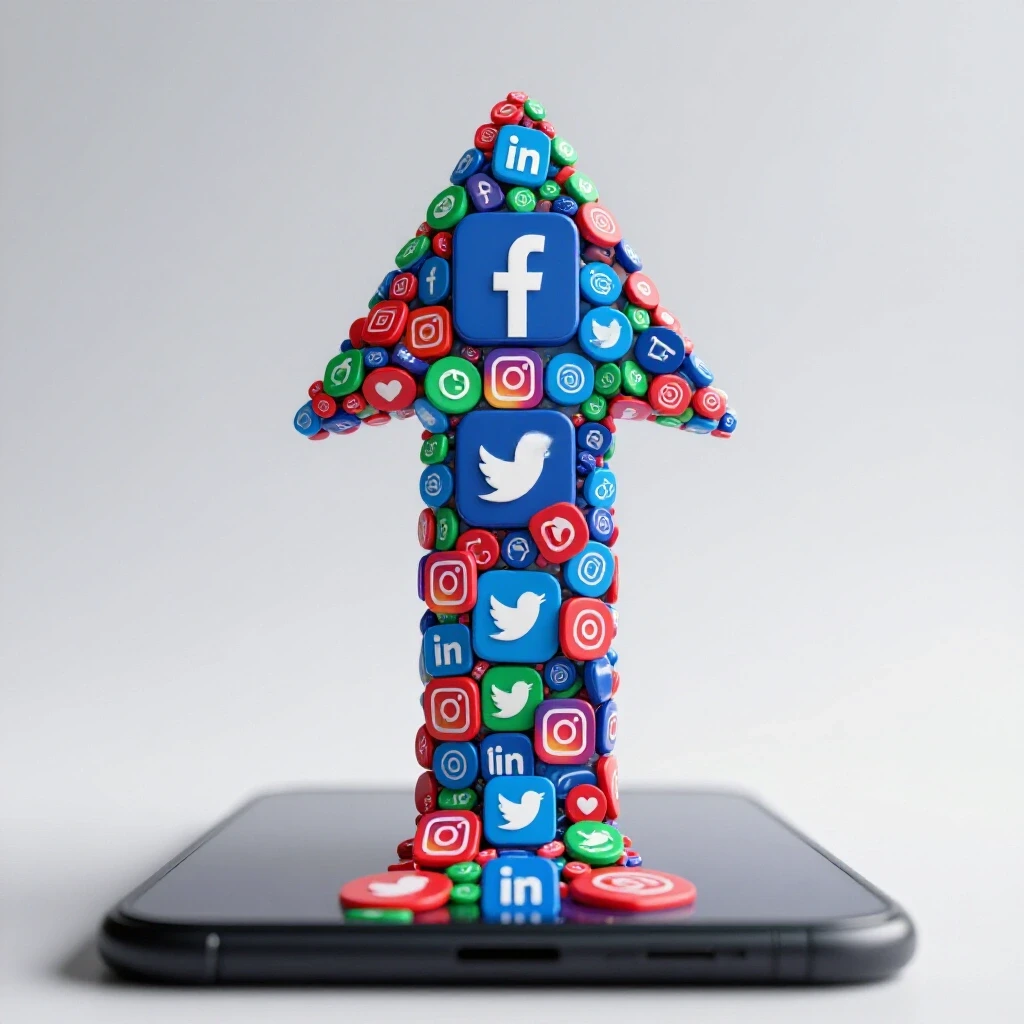 A vibrant upward-moving arrow made of social media icons against a bright background, symbolizing growth in social media optimization.