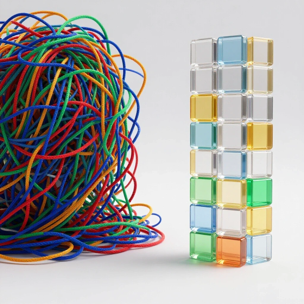 A visual representation of complexity transforming into simplicity; colorful tangled strings shift to organized vibrant blocks.