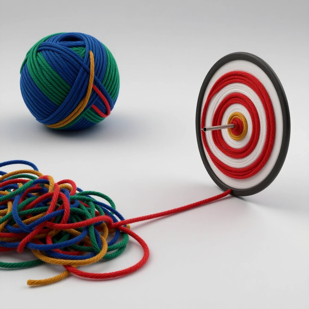 A colorful ball of tangled yarn unraveling into a straight line leading to a target, symbolizing simplification of social media campaigns.