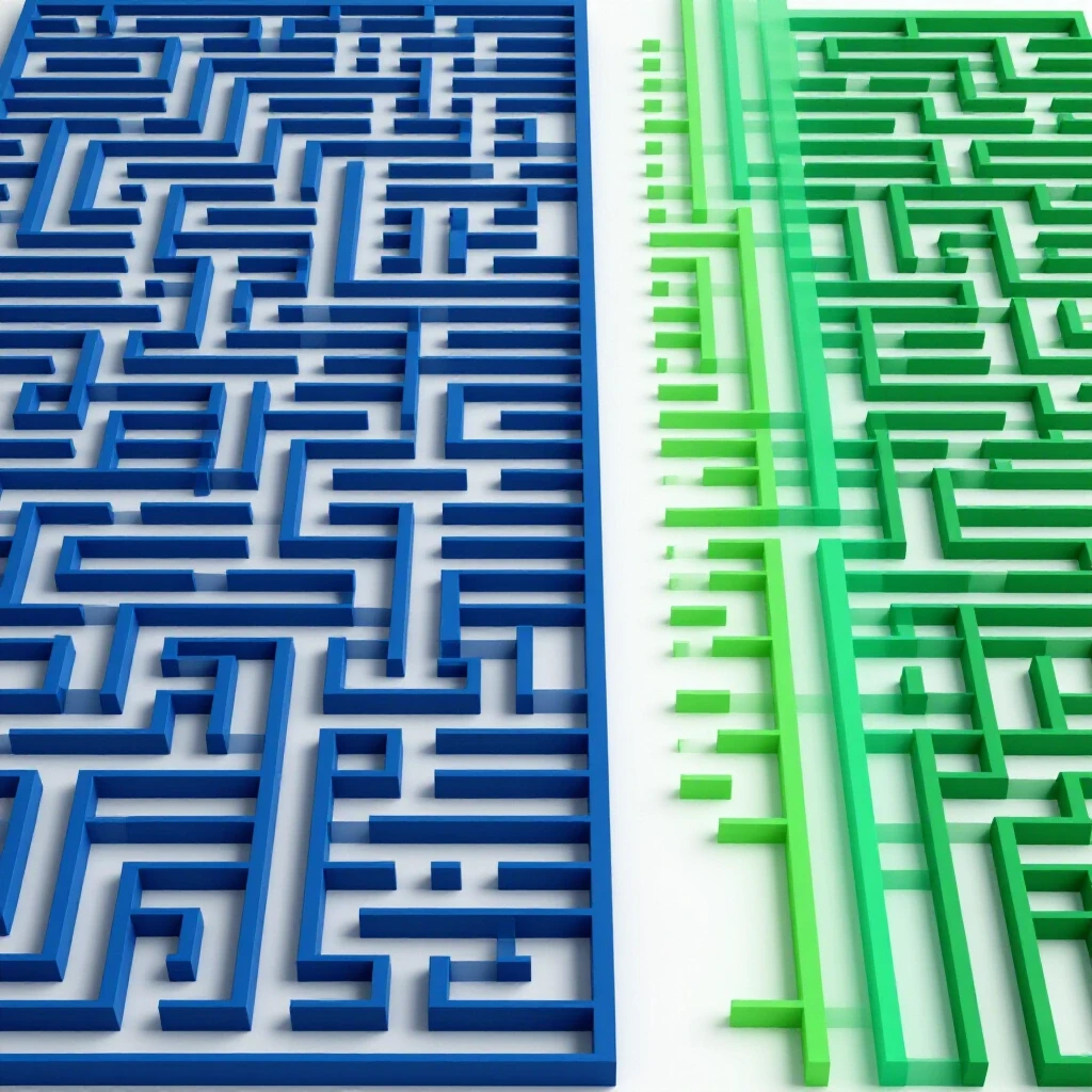 An artistic 3D representation of a maze transitioning into a clear path, symbolizing workflow simplification.