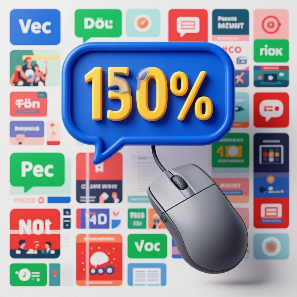 A vibrant conversation bubble rises from a computer mouse above colorful social media ad thumbnails, symbolizing engagement.