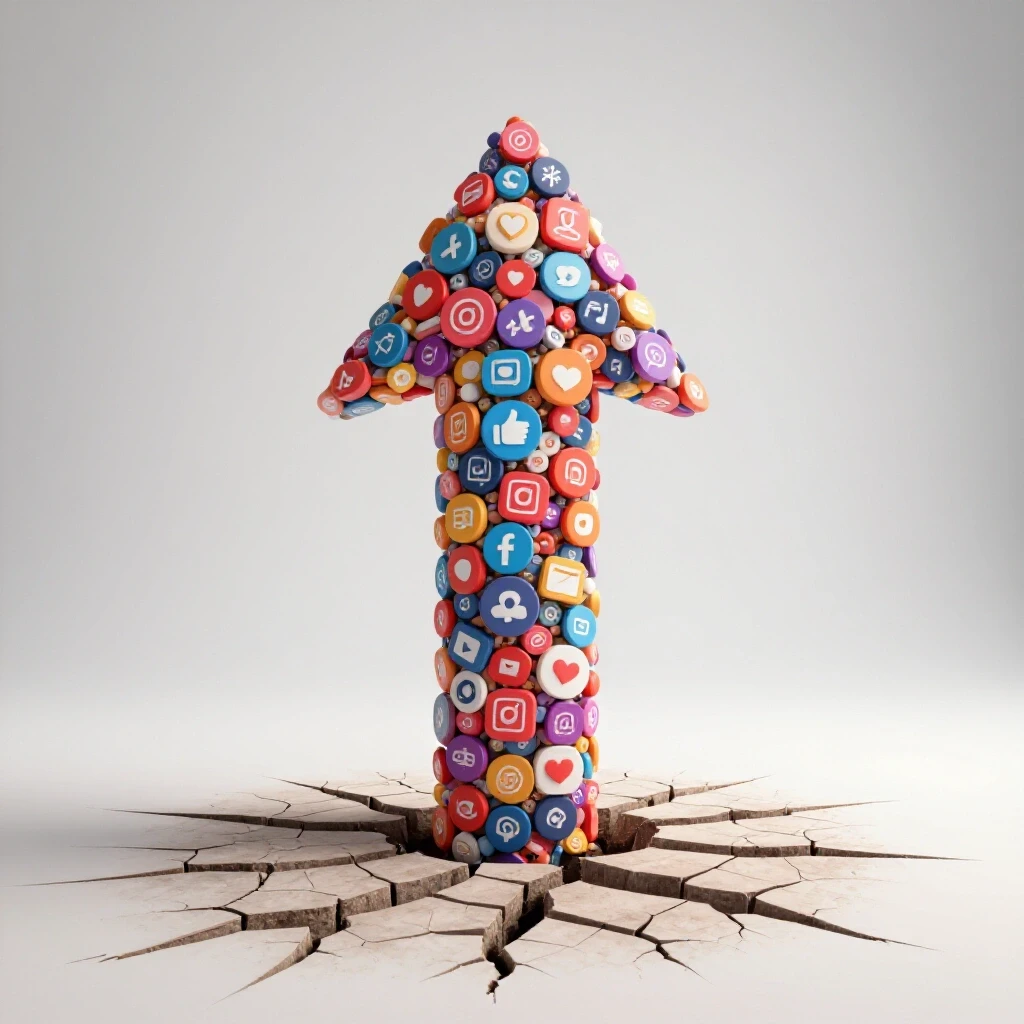 Upward-pointing arrow made of social media icons emerging from cracked ground, symbolizing growth in ad strategies.