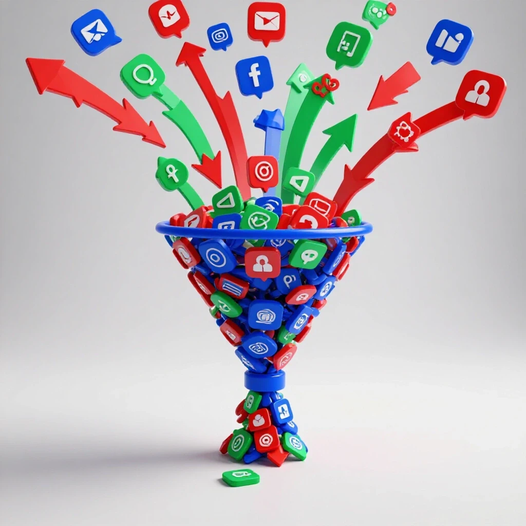 A visual representation of a vibrant social media marketing funnel with colorful icons and arrows illustrating ad flow.