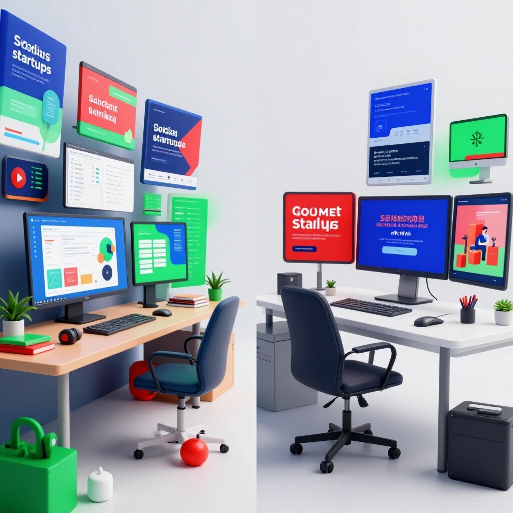 A split-screen image contrasting a chaotic digital workspace with disorganized ads and a sleek, organized workspace with vibrant social ads for SaaS startups.