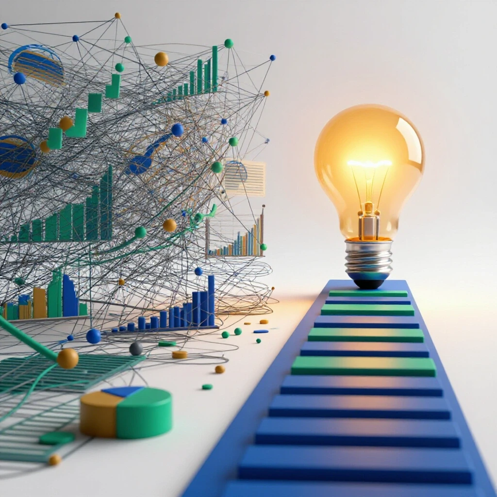 A split image showing chaotic data analytics on one side and a clear path to a glowing light bulb on the other side, symbolizing clarity for marketers.