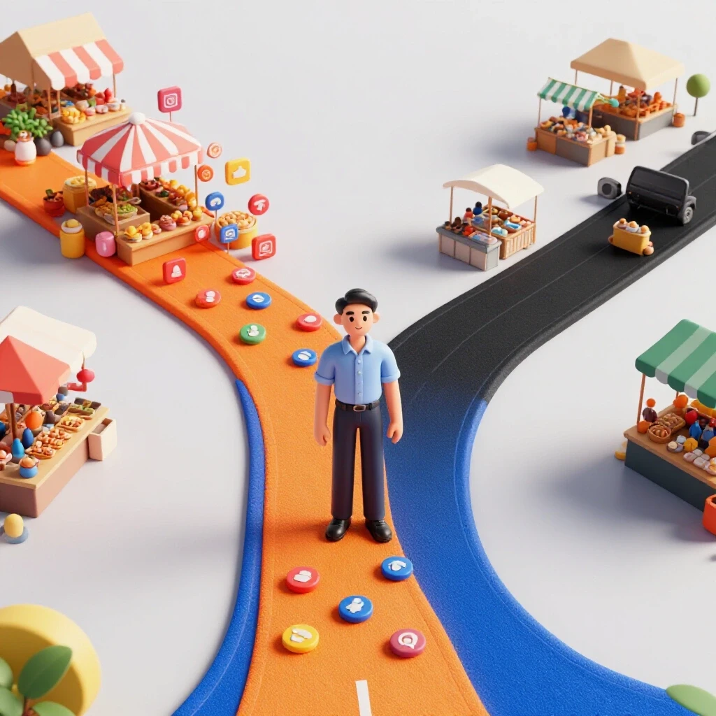 Visual representation of a miniature figurine at a crossroads, one path leads to bright social media icons.