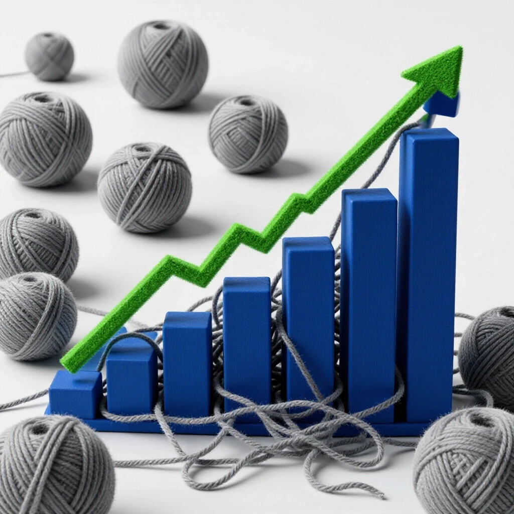 A bright illustration depicting a vibrant upward-moving graph and a tangled ball of yarn, symbolizing social growth challenges.