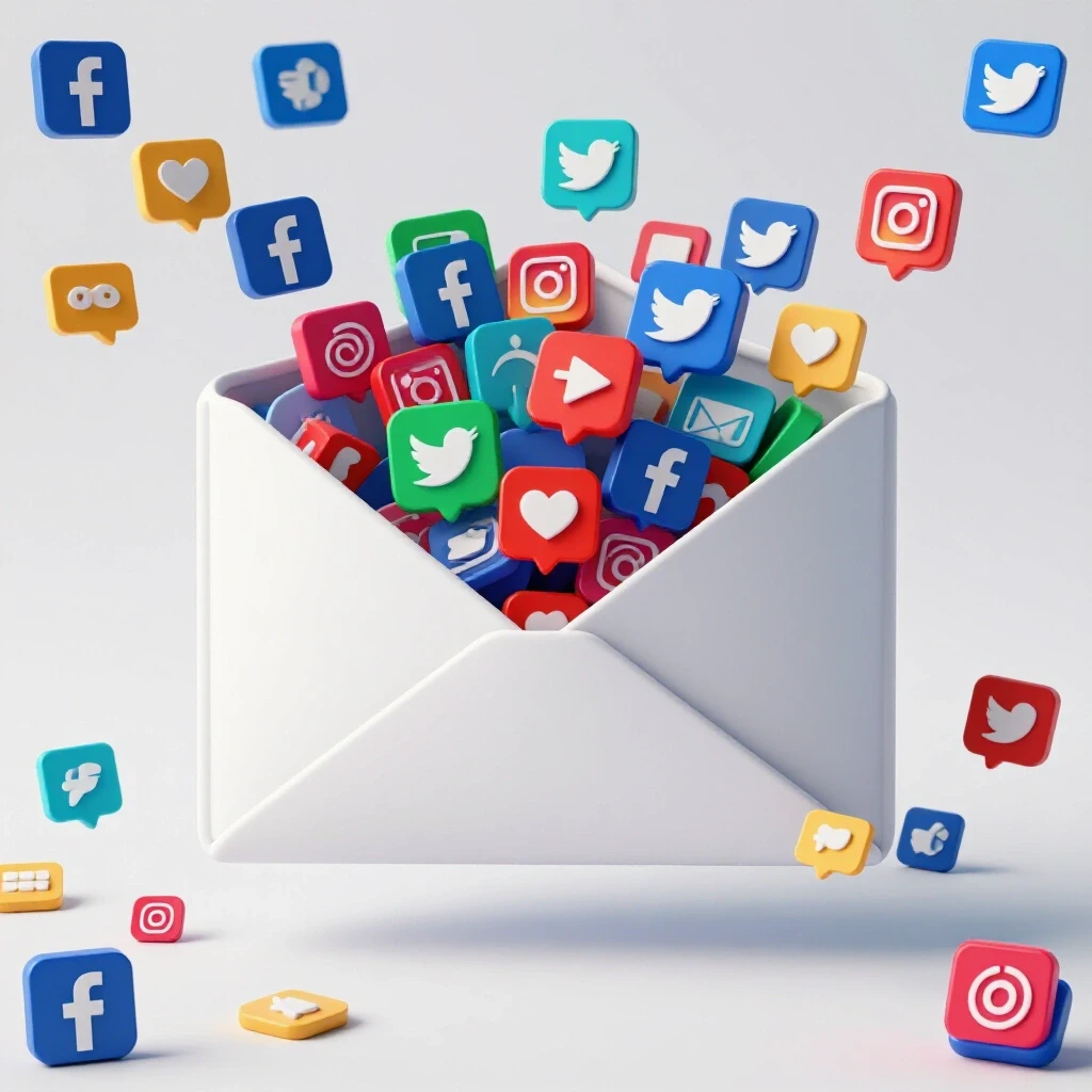 An overflowing social media inbox with vibrant icons and notifications symbolizing growth and engagement.