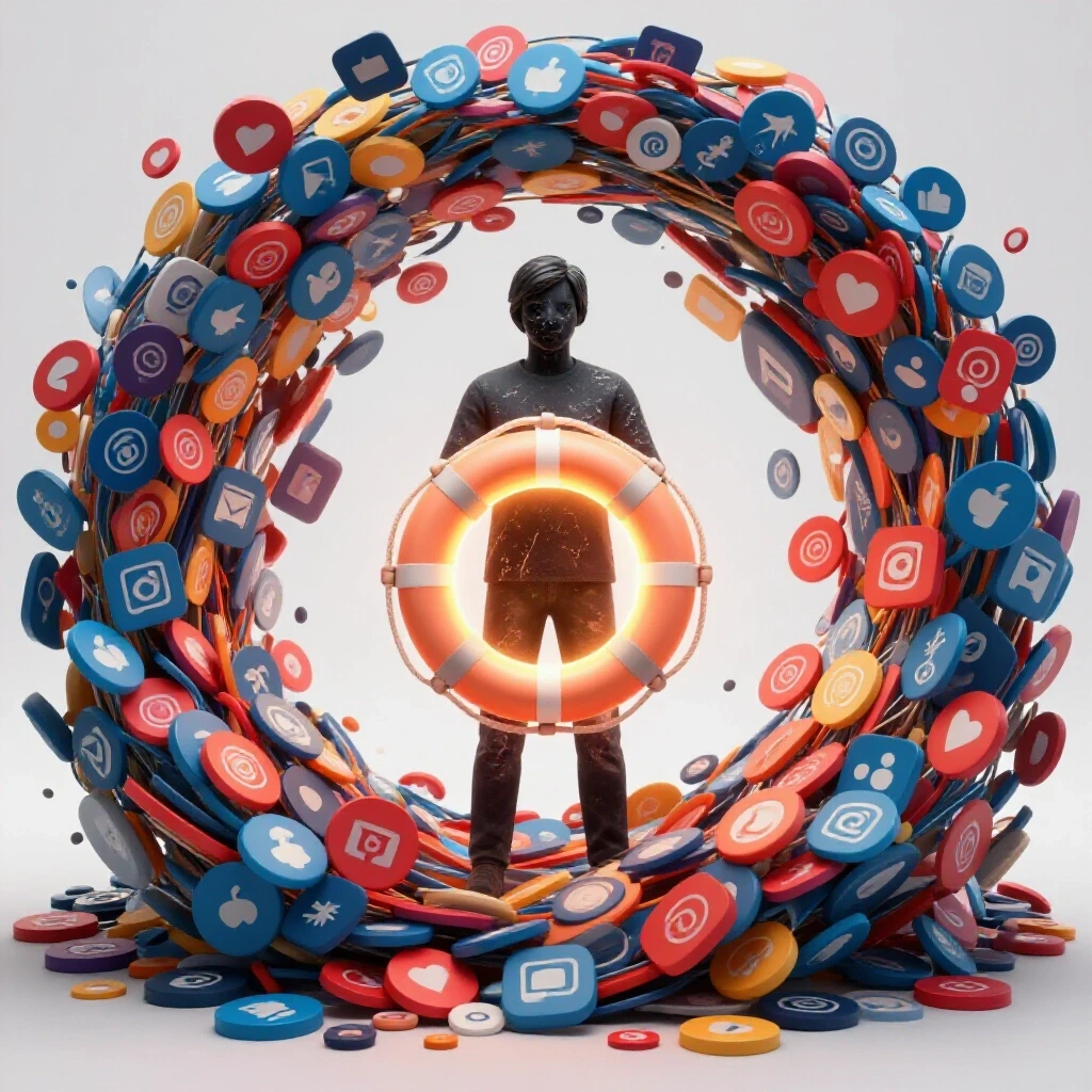 A distressed figure overwhelmed by social media icons, with a glowing lifebuoy representing hope and recovery.