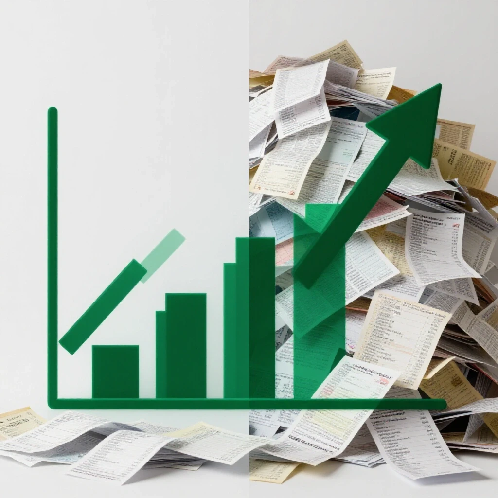 A split-screen image showing a vibrant upward-trending financial graph on one side and a chaotic pile of receipts on the other, illustrating budget improvement.