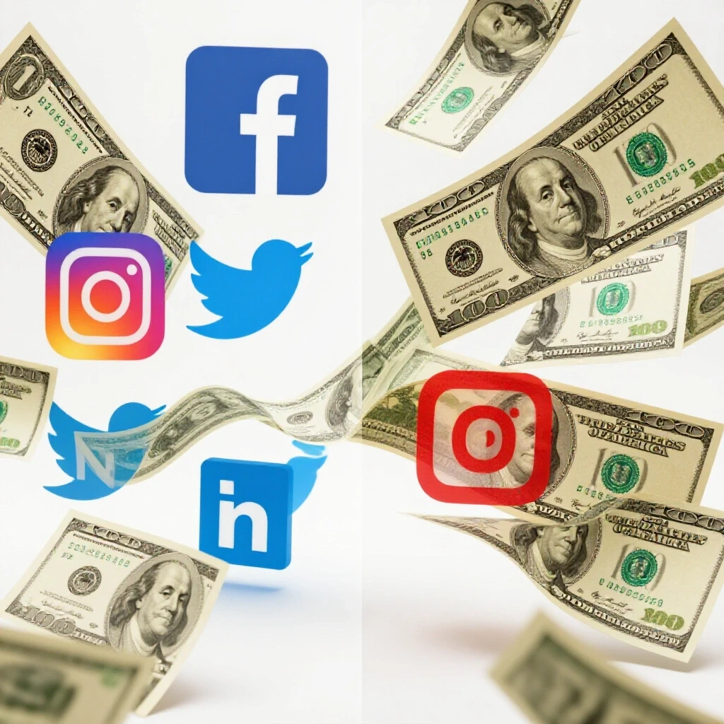 Colorful dollar bills flowing between social media logos, illustrating ad budget adjustments across platforms.