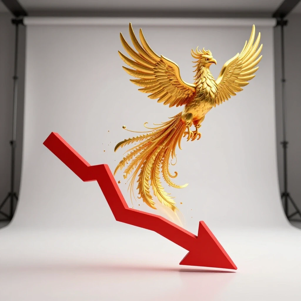 A contrasting image of a red crashing graph arrow and a gold phoenix rising, symbolizing recovery in social media ads.