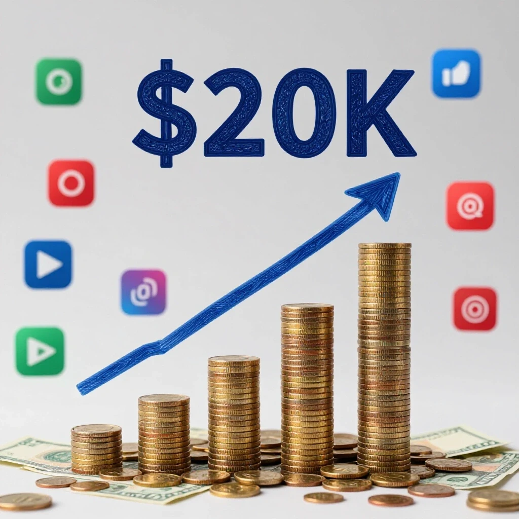 Vibrant 3D graph showing growth from $1K to $20K in social media ad spend with surrounding social media icons.