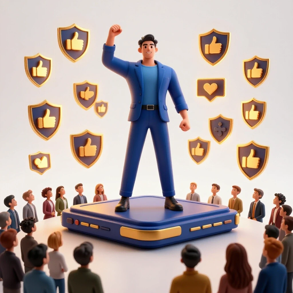 A confident figure on a social media platform surrounded by glowing trust icons and an admiring audience below, symbolizing brand authority.