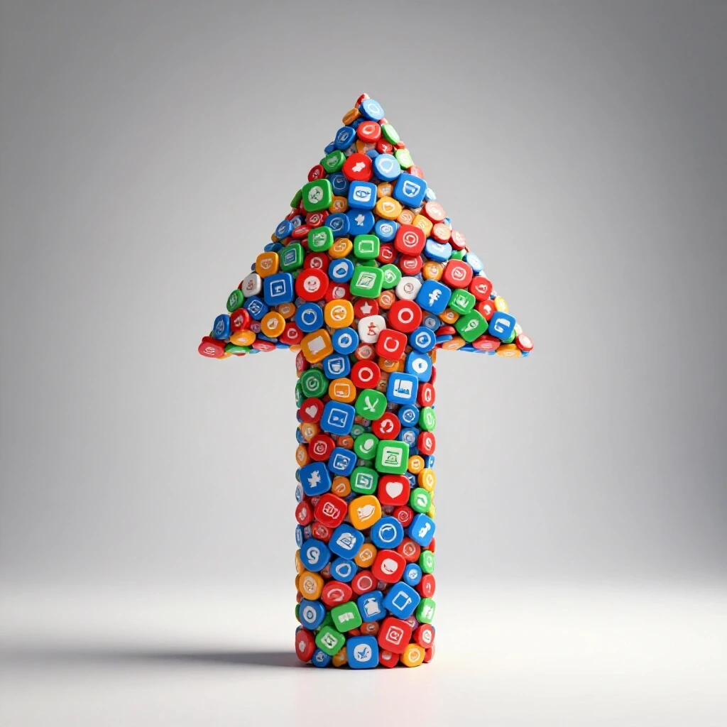 A vibrant 3D arrow made of colorful social media icons, symbolizing growth against a bright background.