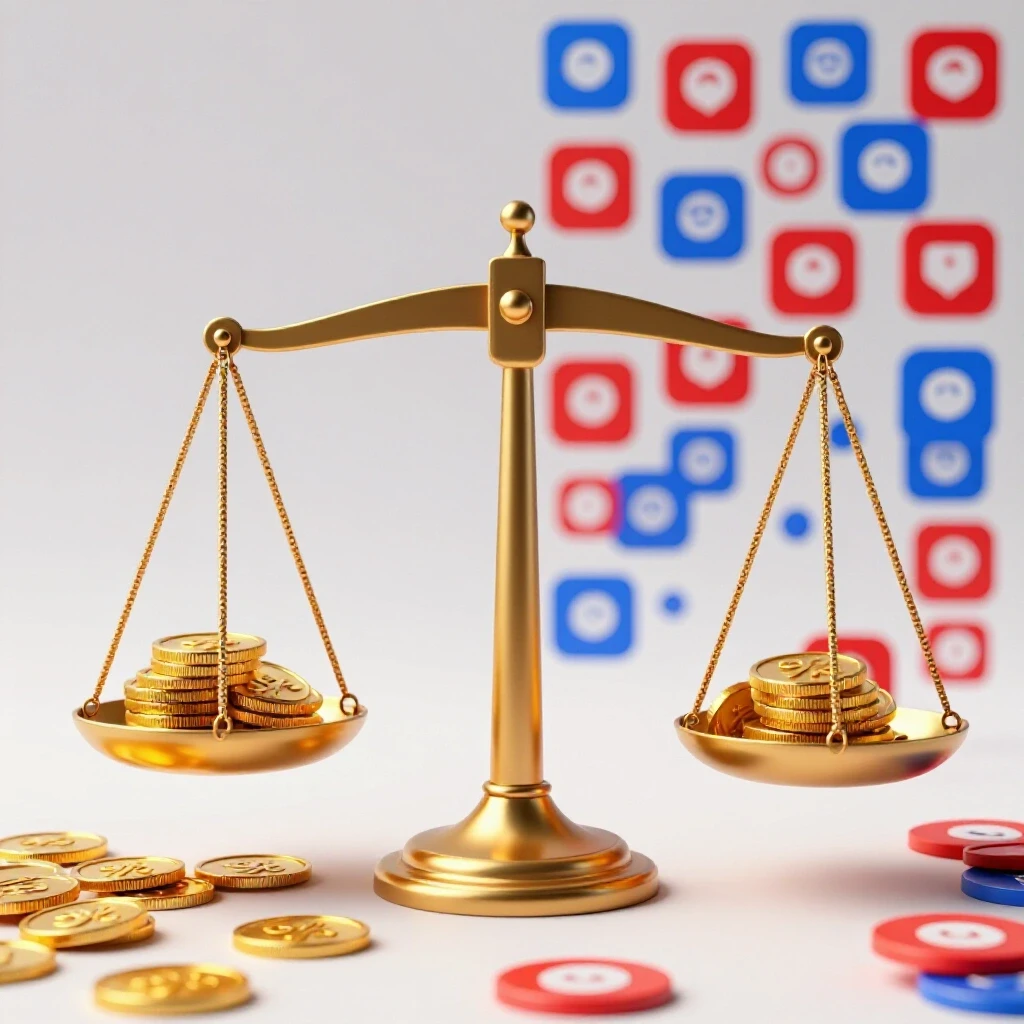 A visually striking split-image featuring a scale with gold coins on one side and colorful social media icons on the other, symbolizing ROI vs vanity metrics.