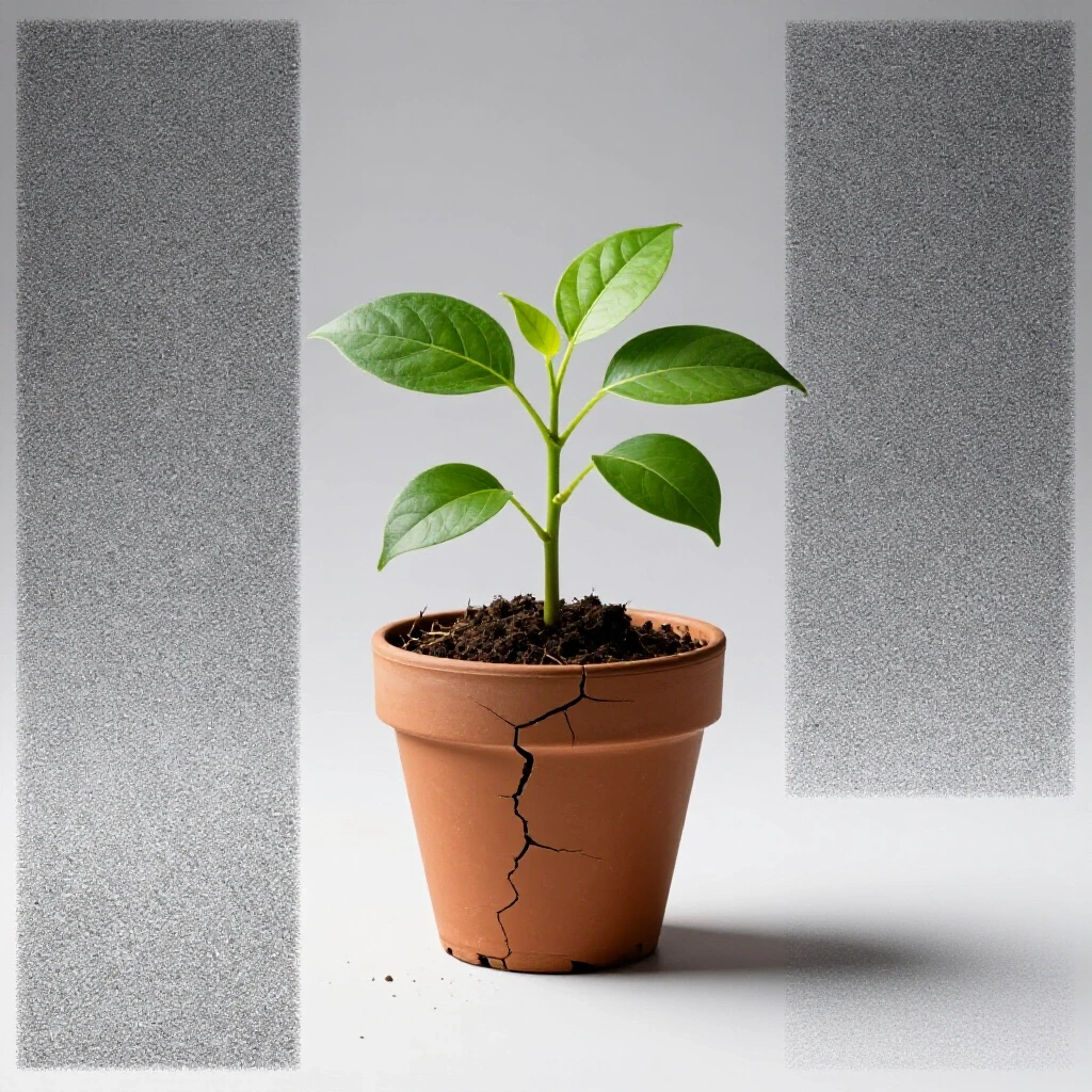 A vibrant green plant emerging from a cracked earth-toned seedling pot, symbolizing growth and potential.