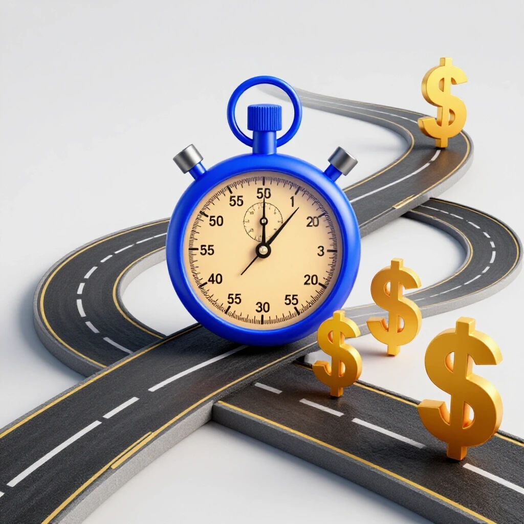 A winding road with a bright stopwatch and dollar signs emerging, symbolizing social media investment and time.