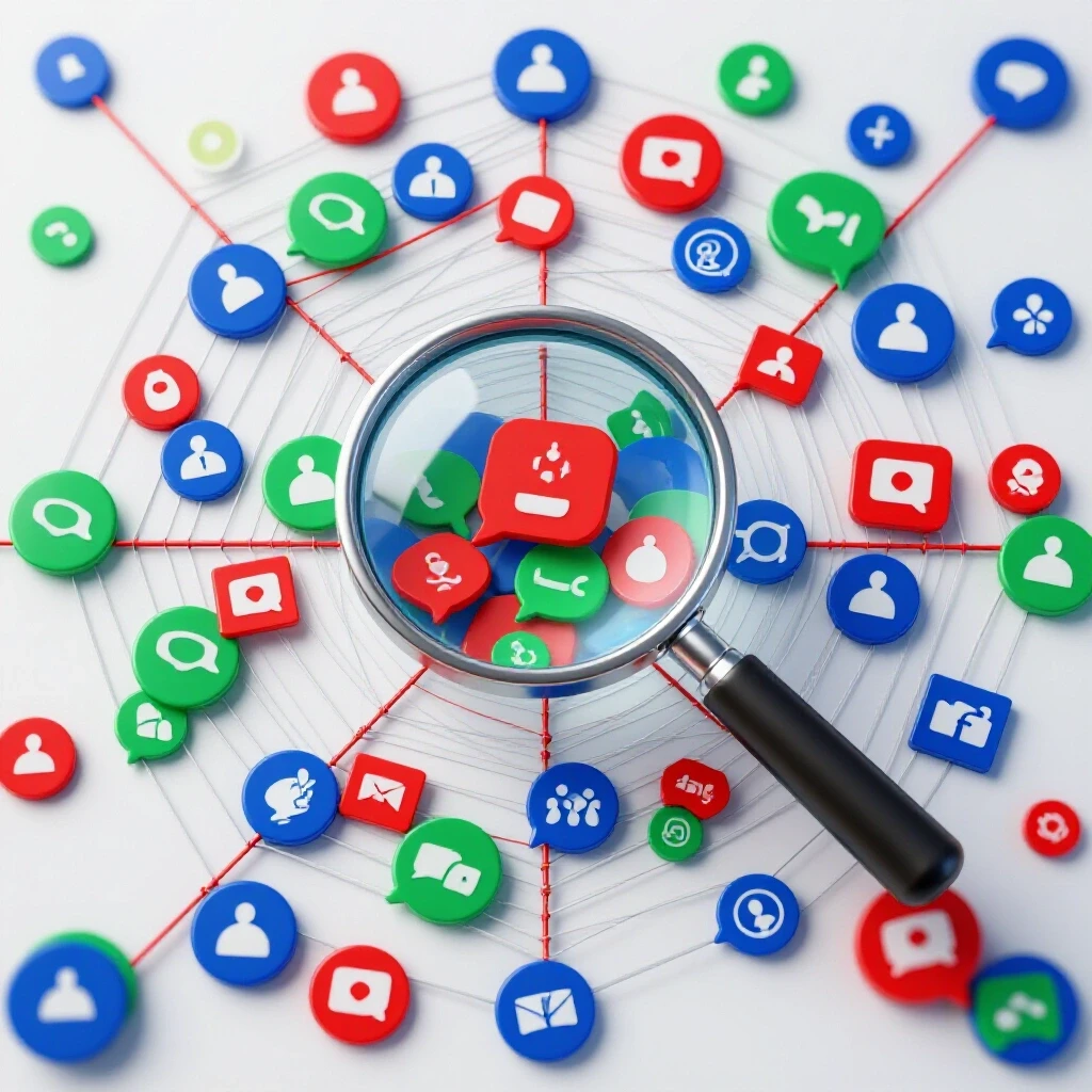 A magnifying glass focuses on a dynamic web of colorful social media icons, symbolizing error resolution in tracking.