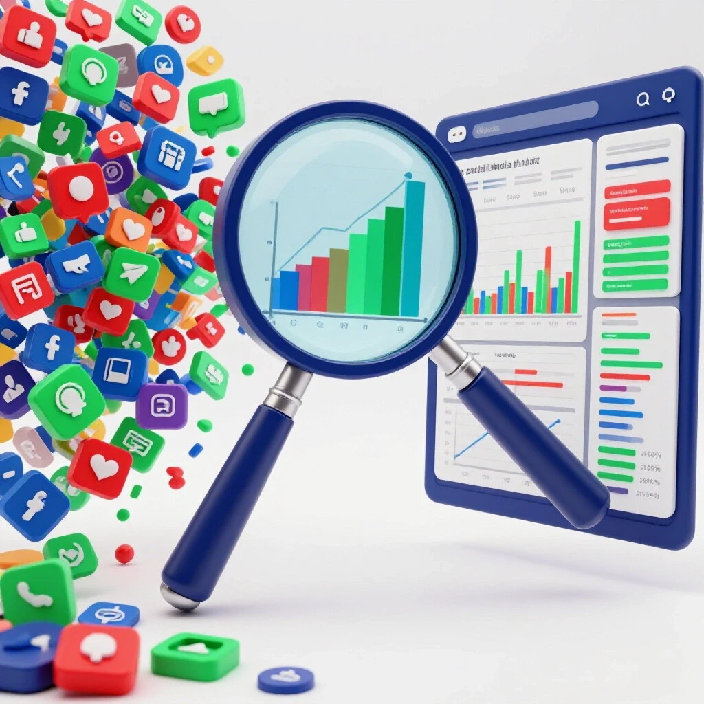 A magnifying glass over a vibrant social media dashboard showing colorful graphs, symbolizing analysis.