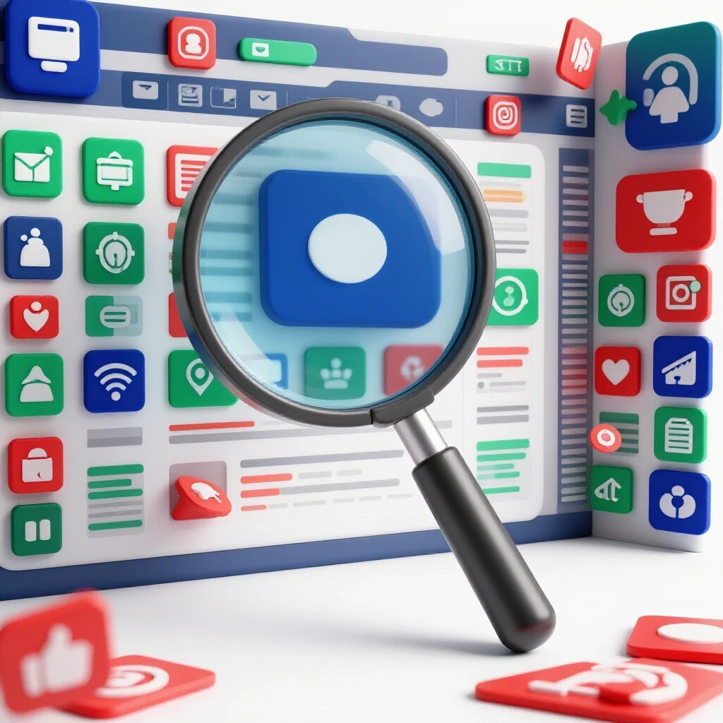 A visual representation of a magnifying glass over a colorful social media dashboard, illustrating an auditing process.