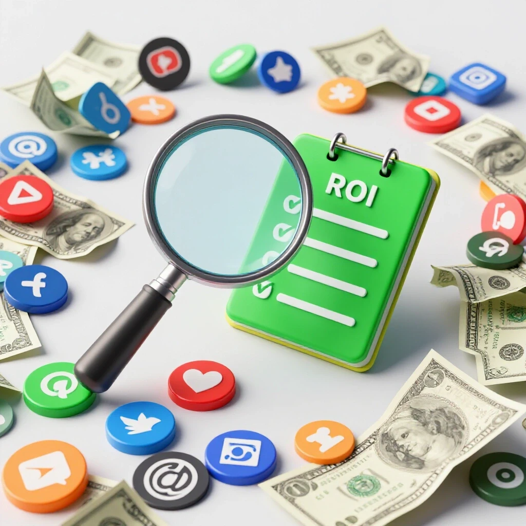 A magnifying glass over a cluttered desk with discarded social media icons and crumpled dollar bills, next to a green checklist symbolizing growth.