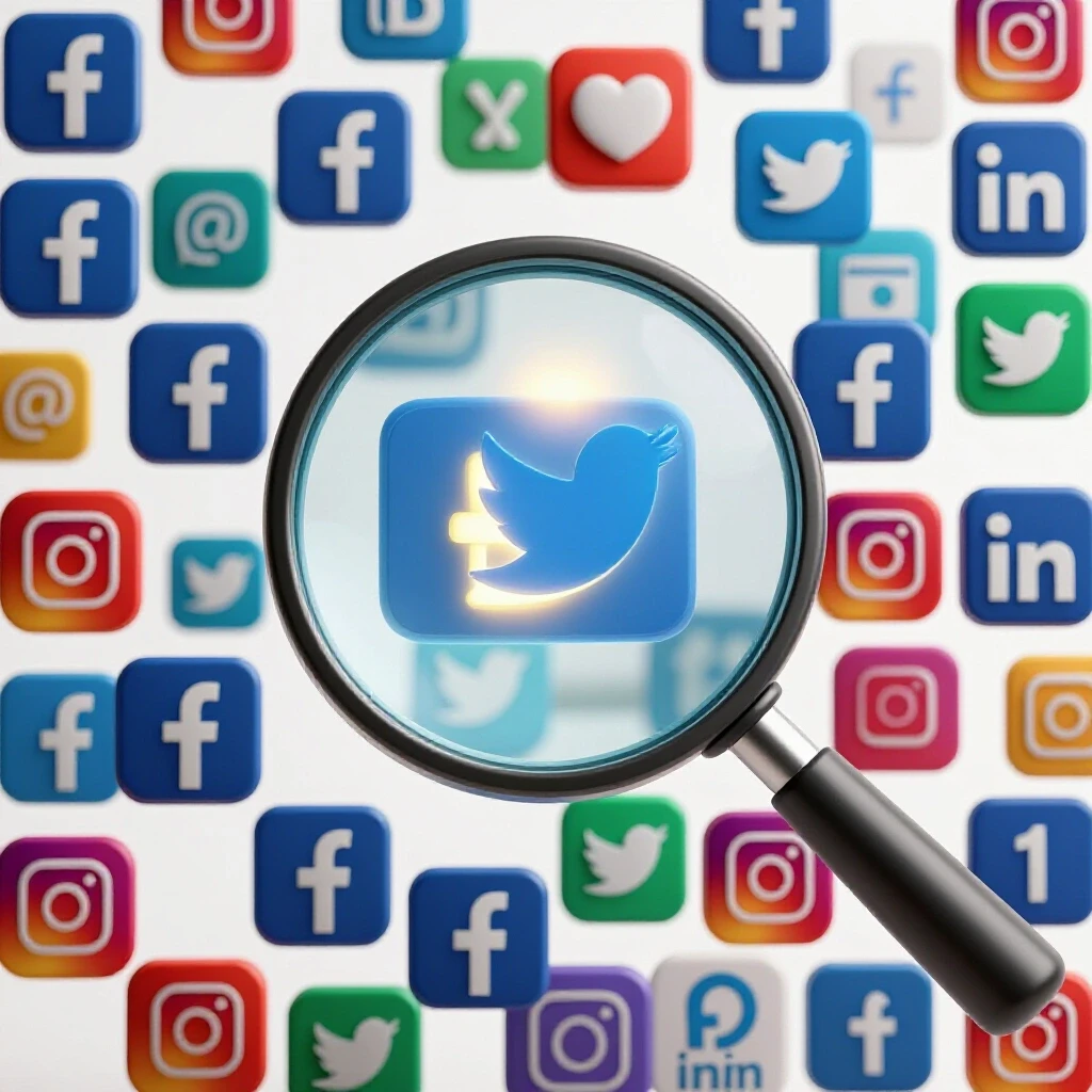 A magnifying glass over a bright collage of vibrant social media icons, emphasizing scrutiny in digital marketing.