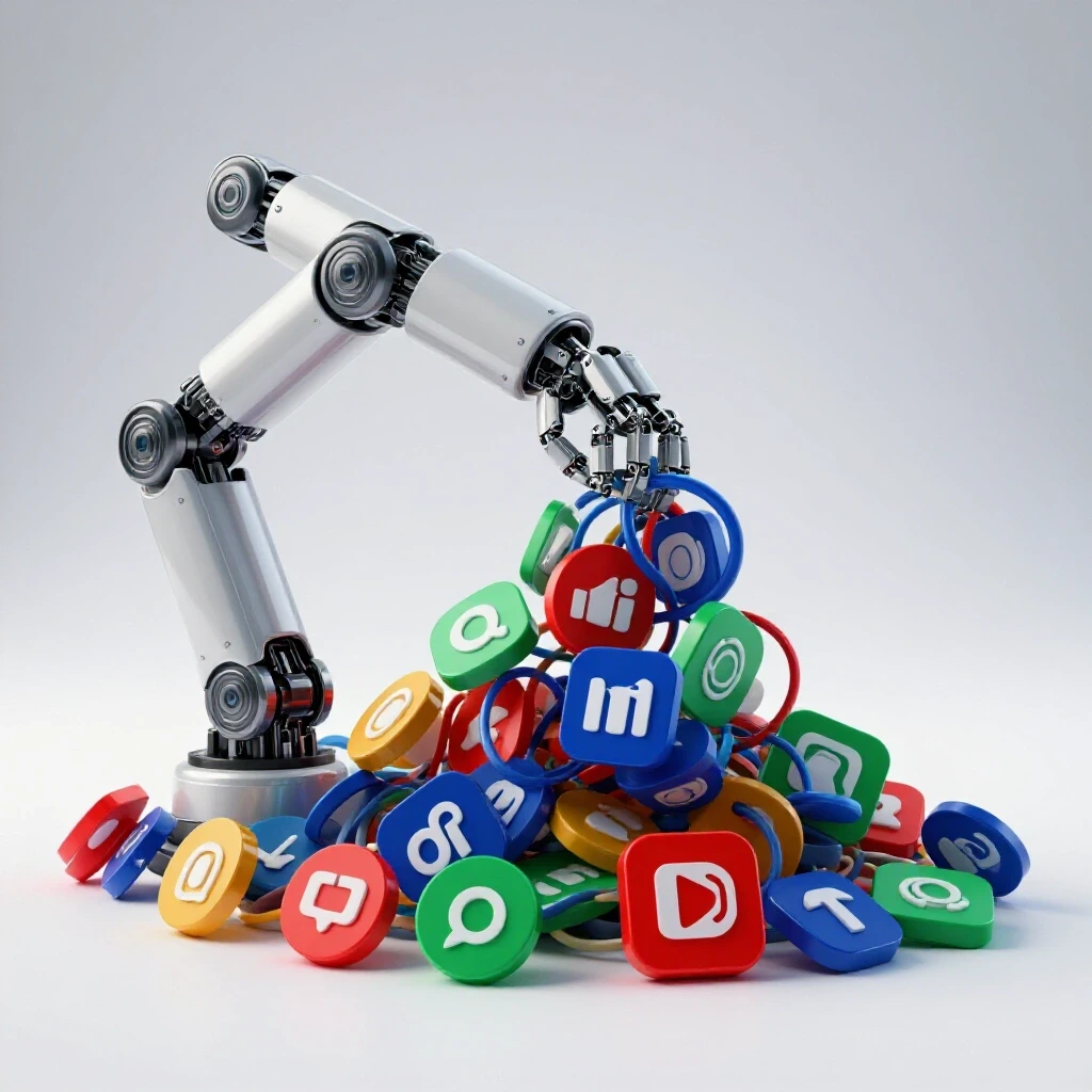 A robot arm tangled with colorful social media icons, symbolizing automation errors against a bright background.