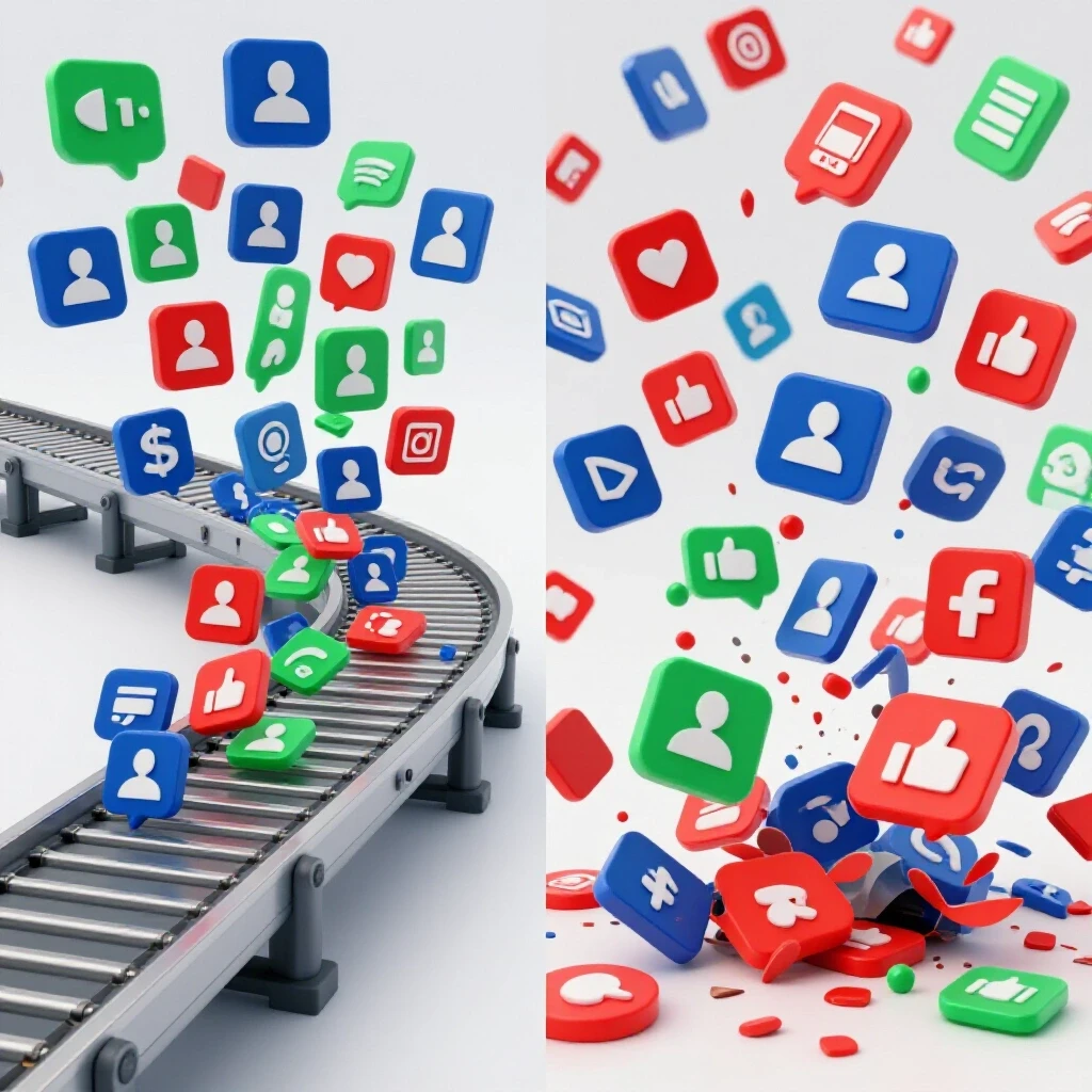 A visually captivating split-image showing organized social media icons flowing seamlessly on one side, contrasting with chaotic, spilling icons on the other.