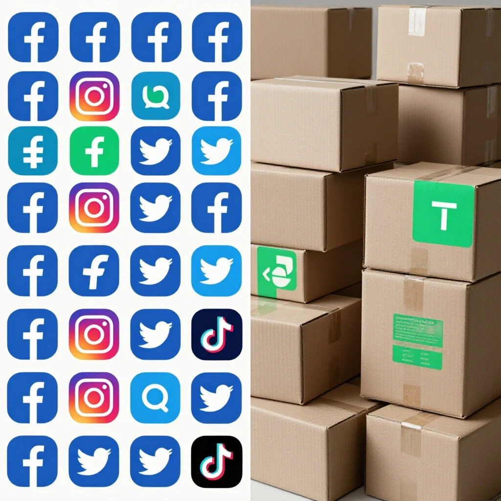 A vibrant split-screen featuring social media platform icons contrasted with muted subscription boxes, symbolizing growth and churn.