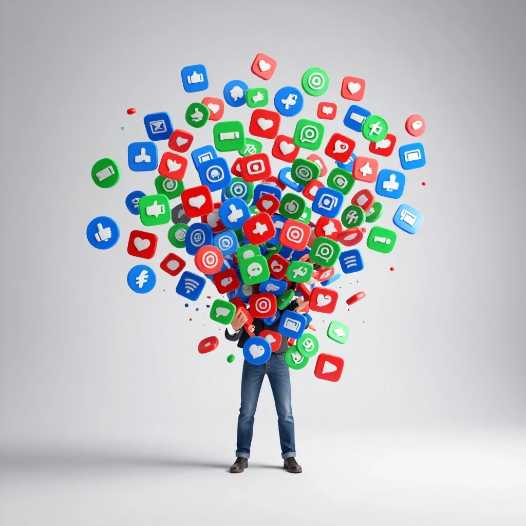 An abstract representation of breaking through a wall of social media icons, symbolizing creativity and opportunities.