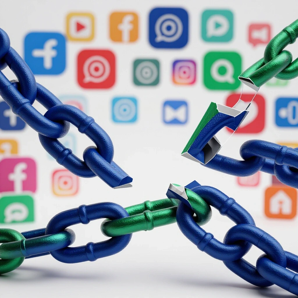 A broken chain link reconnecting amidst vibrant social media icons representing different platforms.