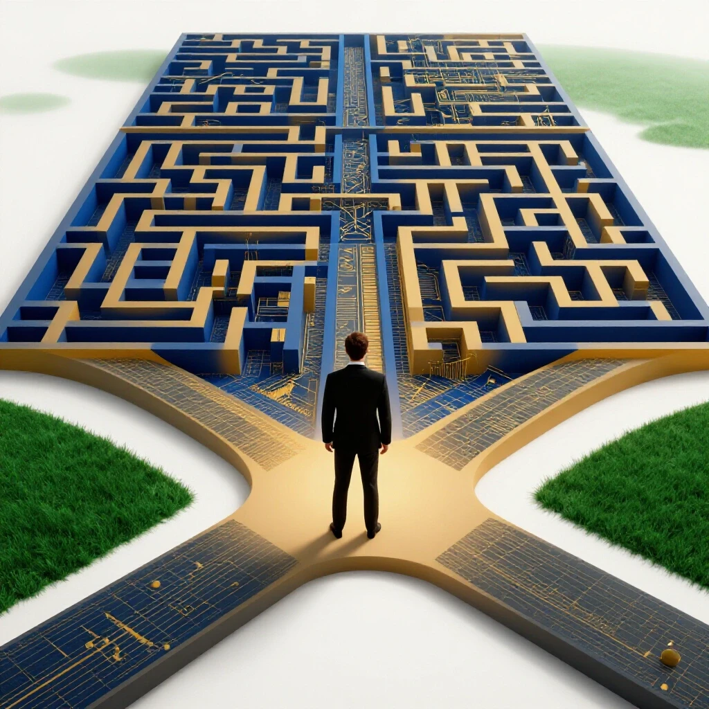A 3D representation of a crossroads with contrasting paths symbolizing complex metrics and simplicity in growth.