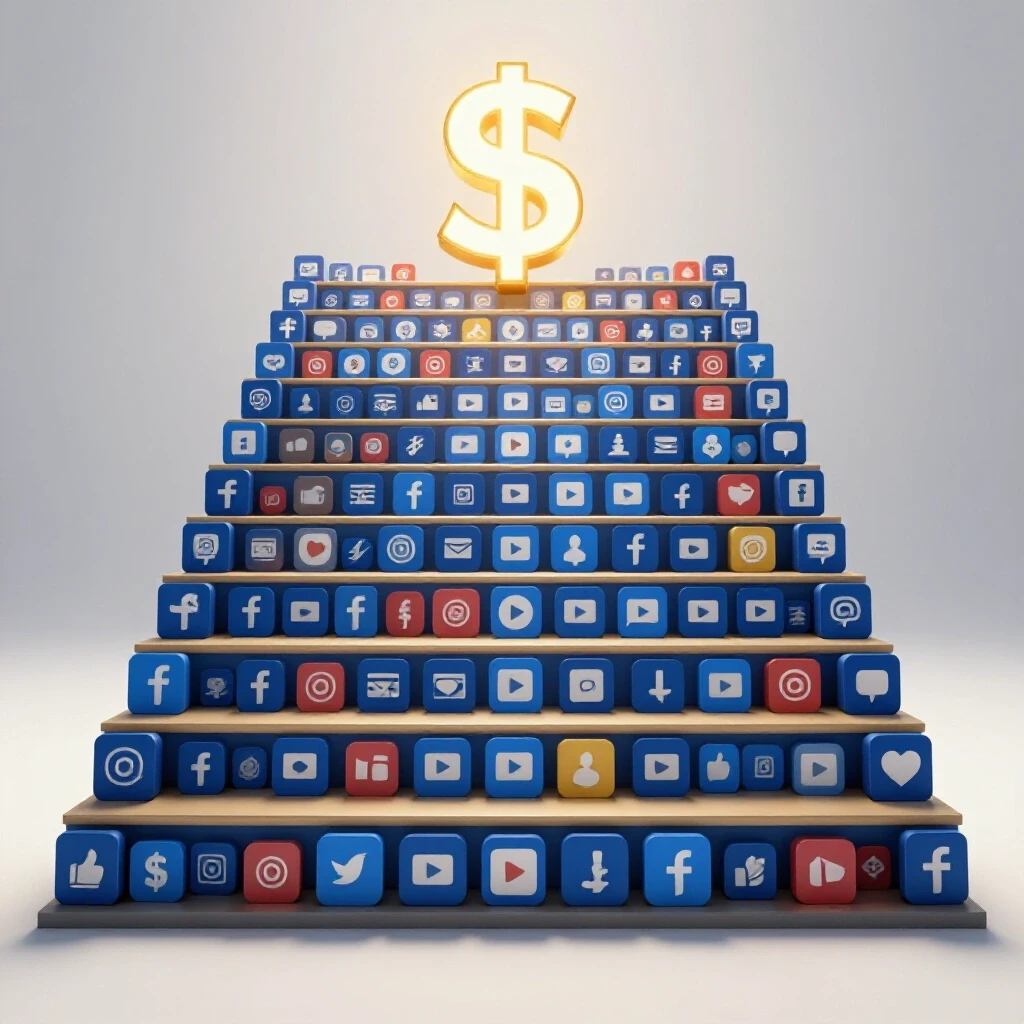 A colorful staircase made of social media icons leading to a glowing dollar sign, symbolizing growth and achievement.
