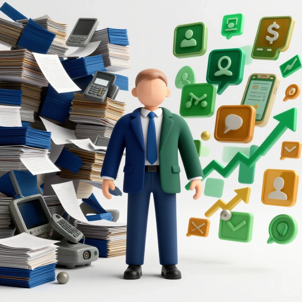 A split scene illustrating the contrast between traditional marketing chaos and vibrant social media engagement for career transformation.