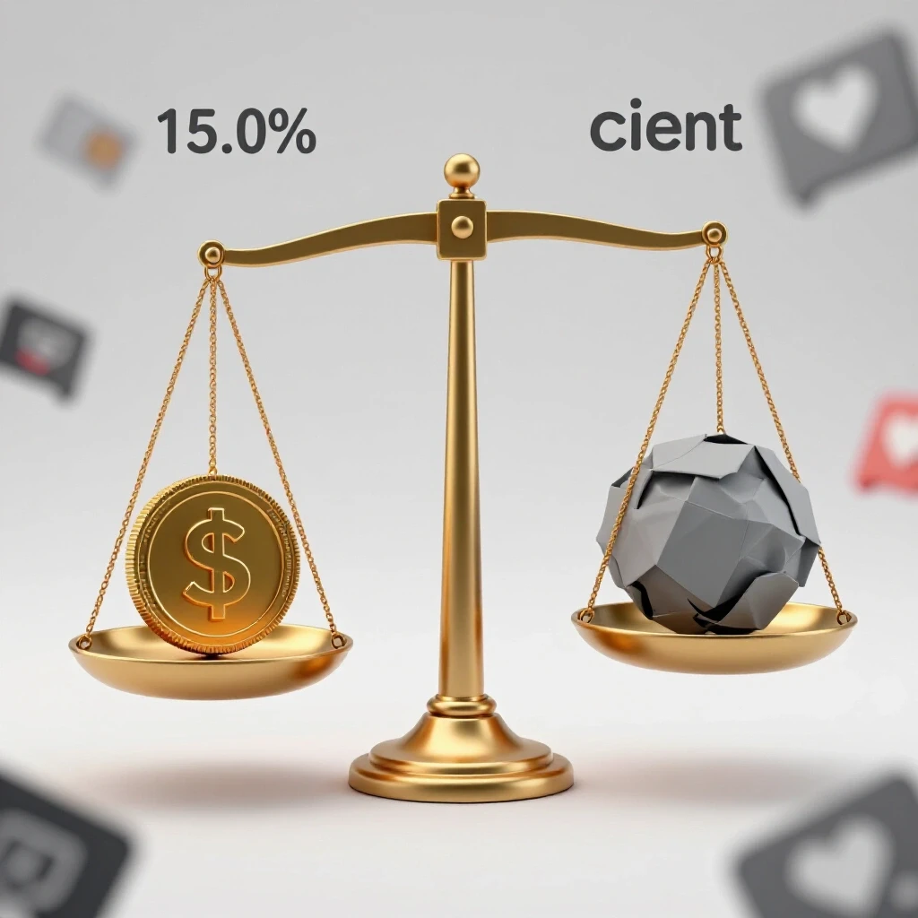 A balancing scale featuring a gold coin and a crumpled paper ball, symbolizing client value versus cost, set against a blurred social media backdrop.