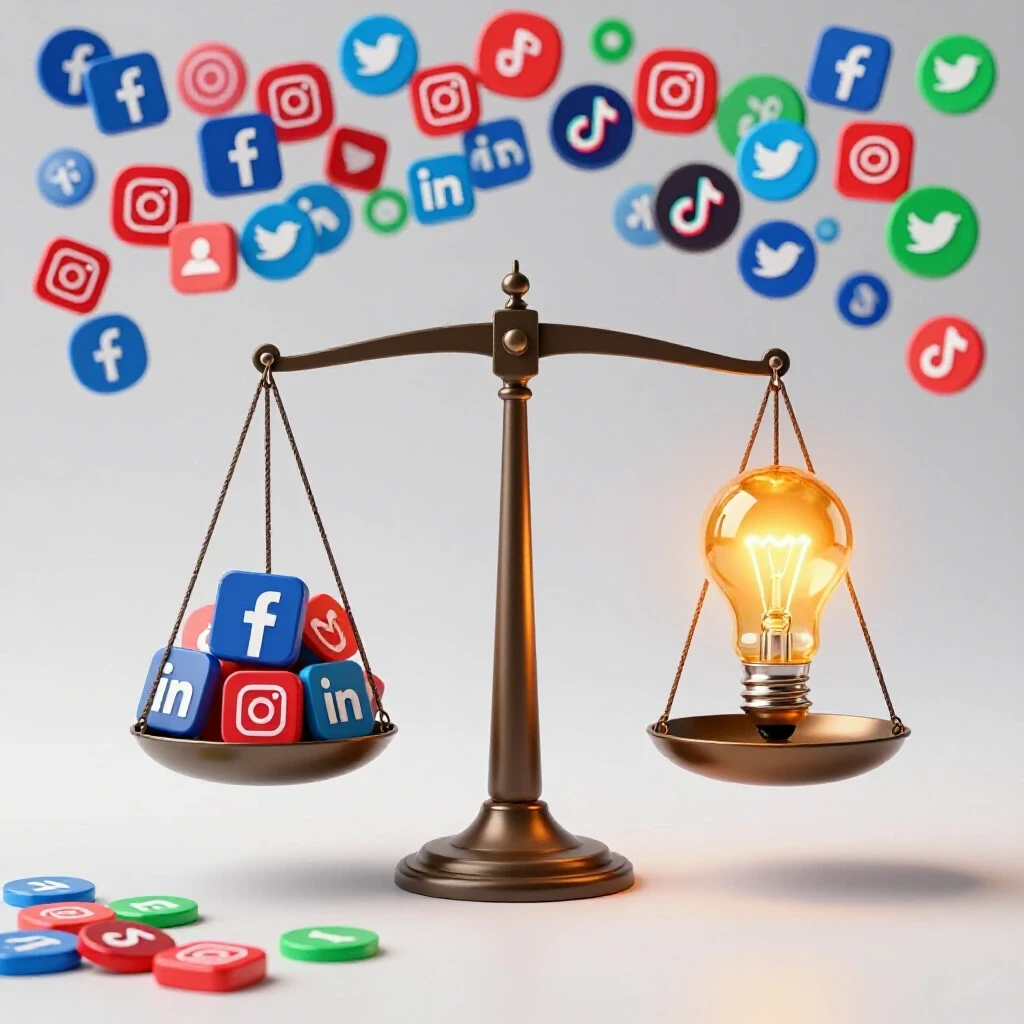 An artistic representation of a scale balancing social media icons and a glowing lightbulb, symbolizing quality vs. quantity in social media consulting.